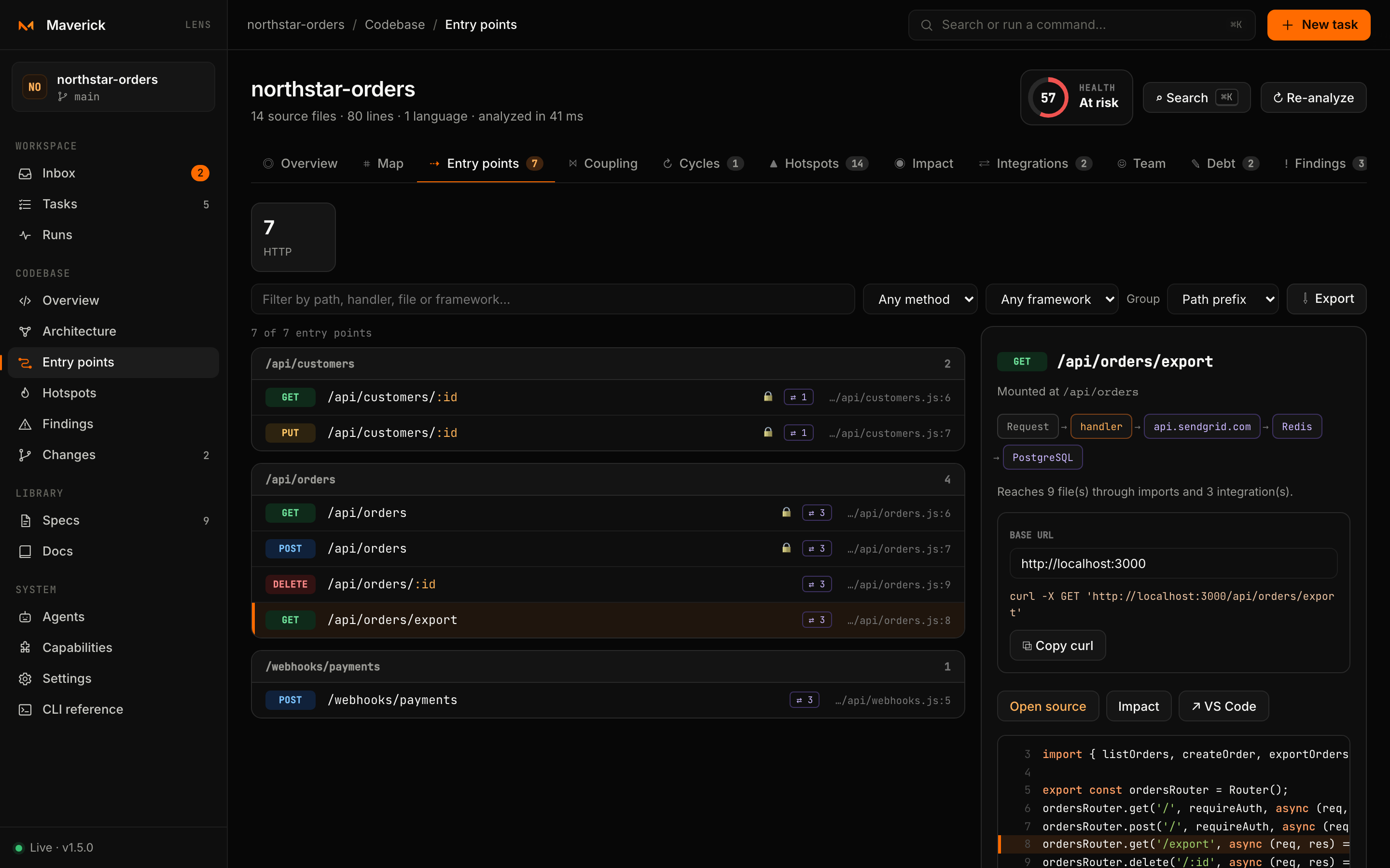 Selecting GET /api/orders/export: the pipeline to SendGrid, Redis and PostgreSQL, a ready-to-run curl and the handler source.