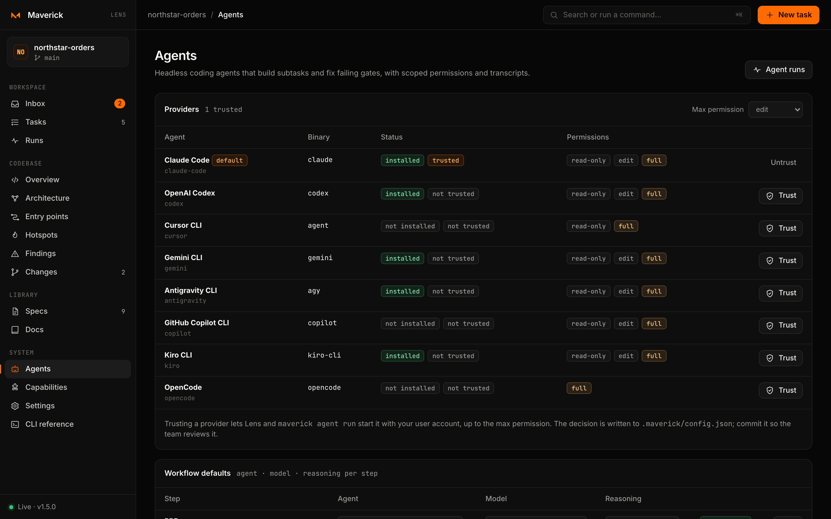Providers with their binary, install and trust status, and supported permission levels.