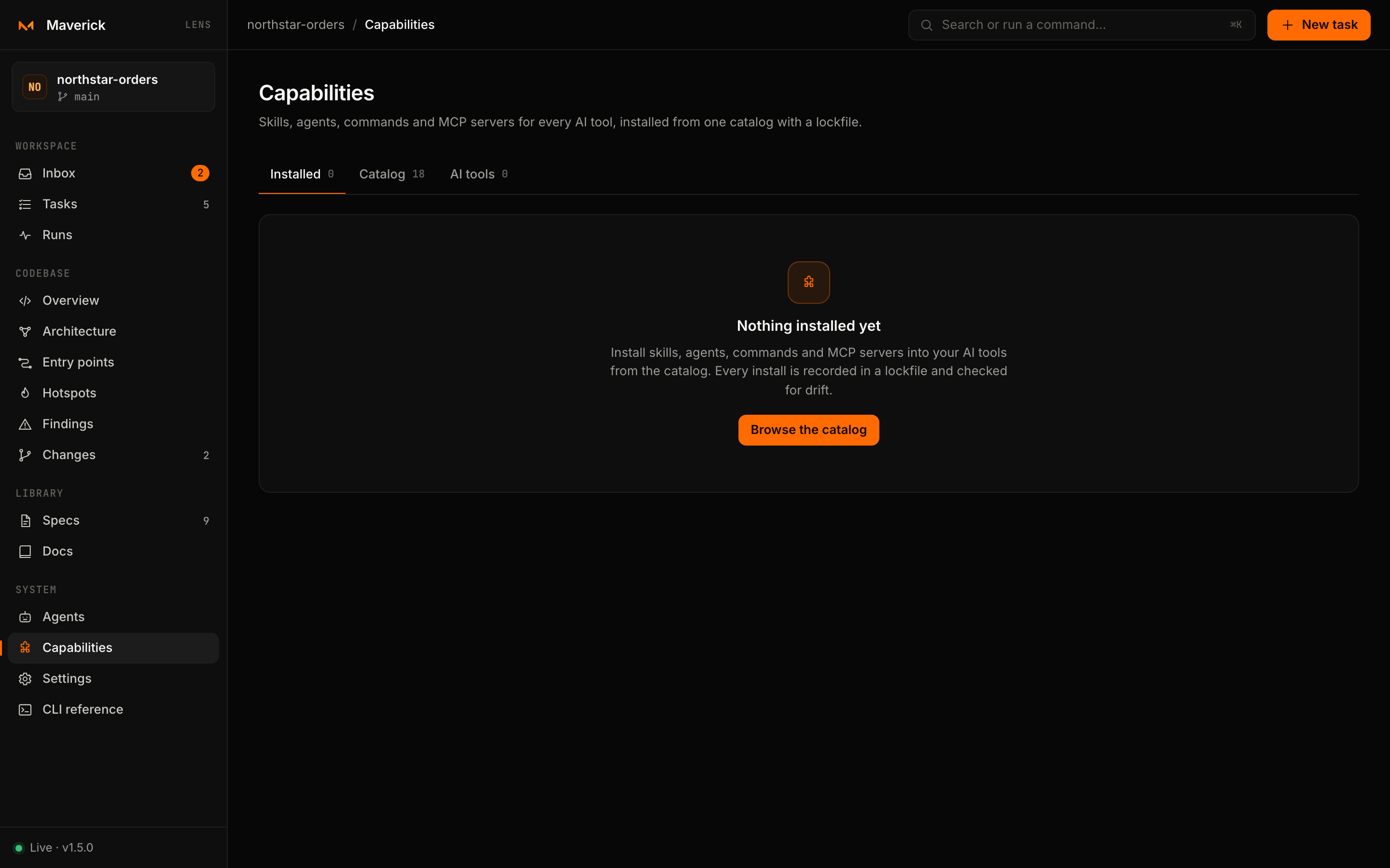Capabilities: installed items, the catalog and the AI tools detected in the repository.