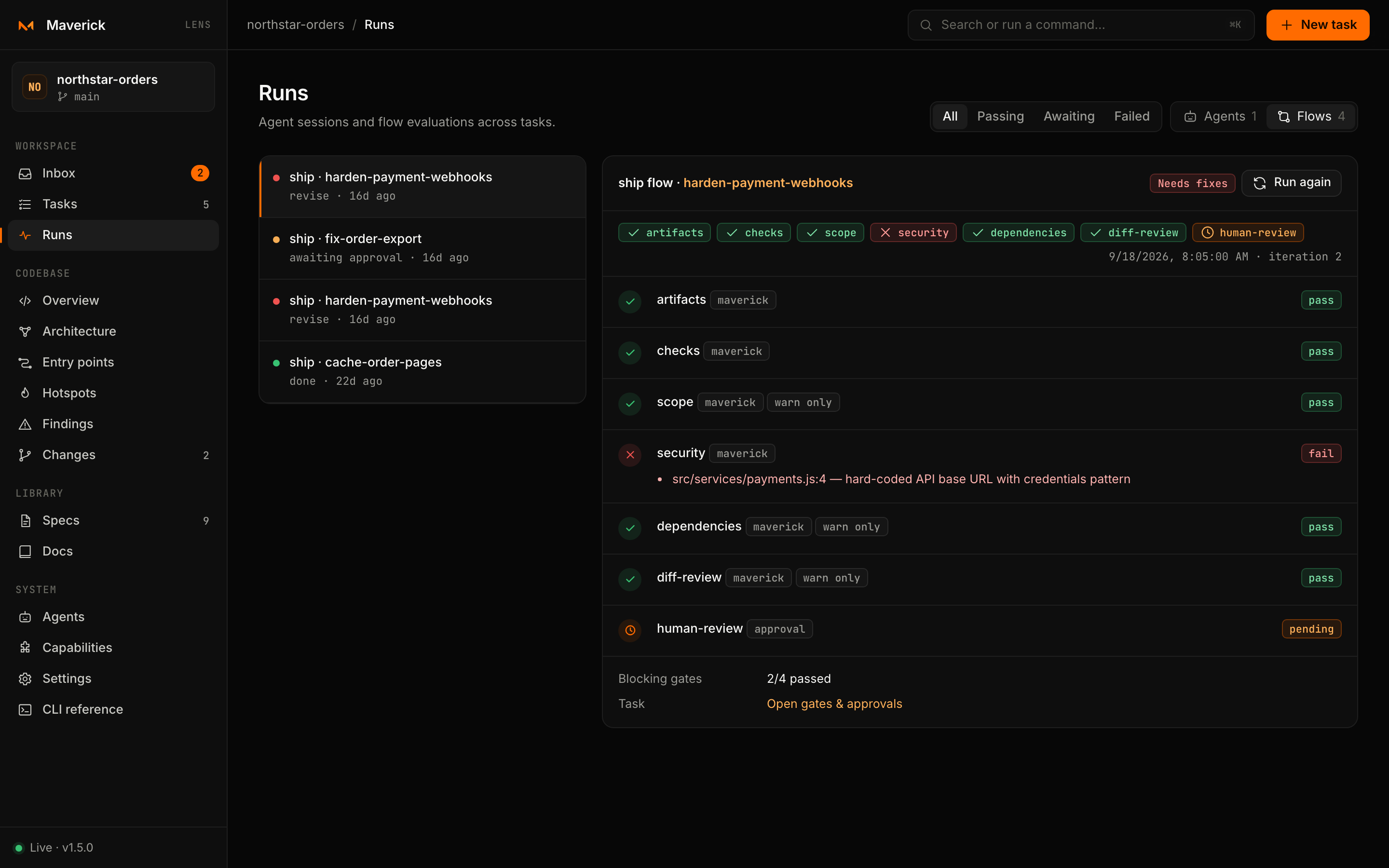 Flow runs across tasks, with gate-by-gate results.