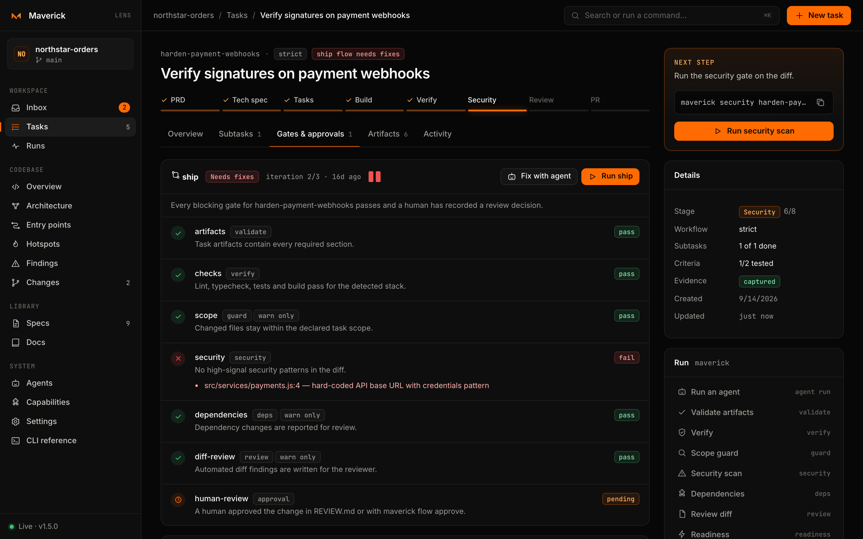 Needs fixes — a blocking gate failed; Fix with agent hands over its issues.