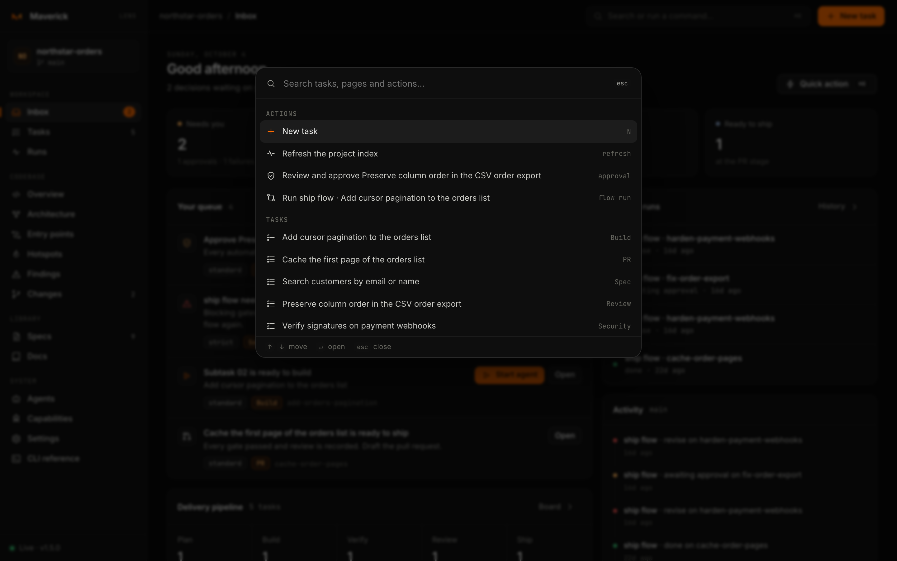 The command palette: actions, tasks and every view.