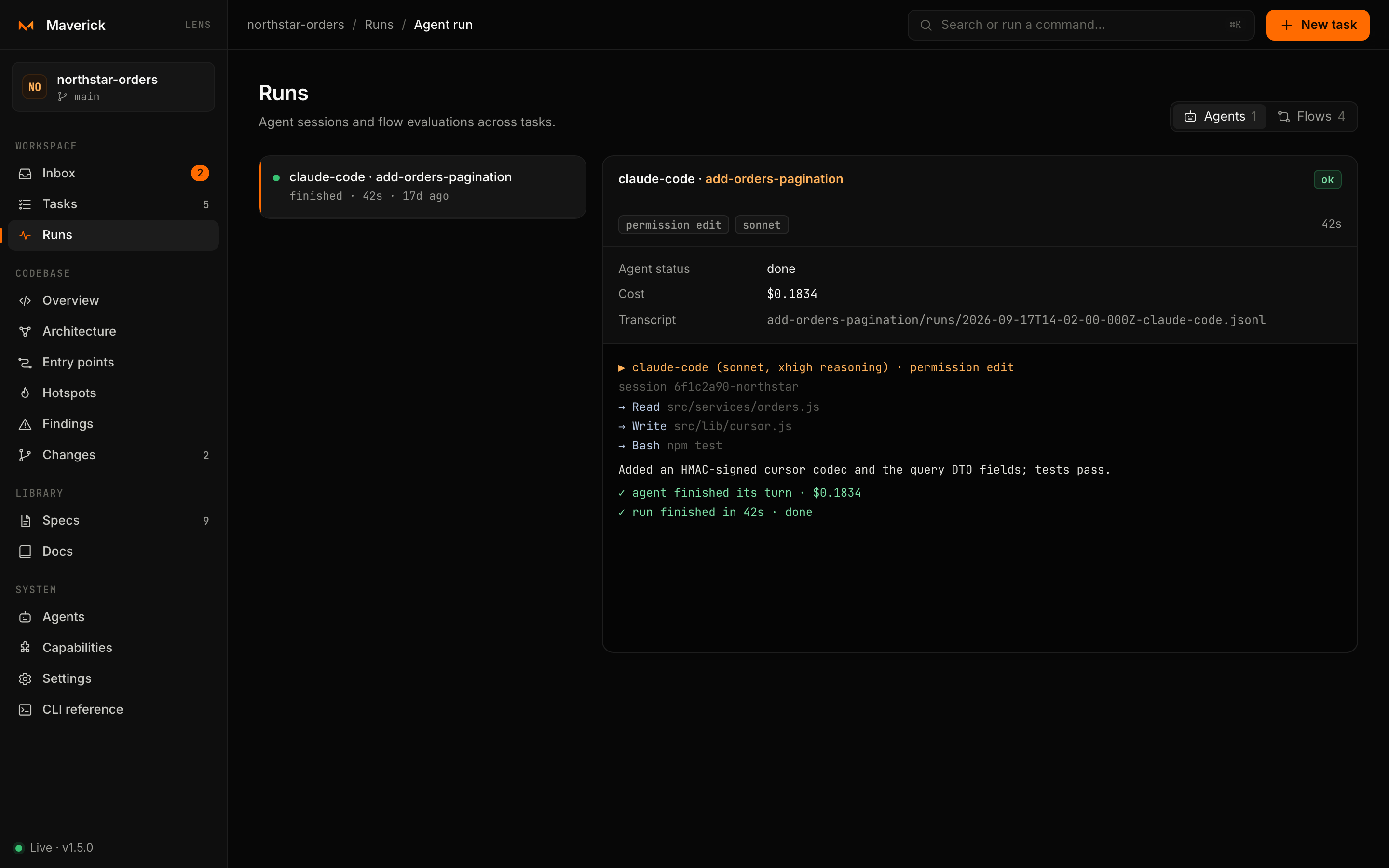 An agent run with its streamed events, cost and transcript
