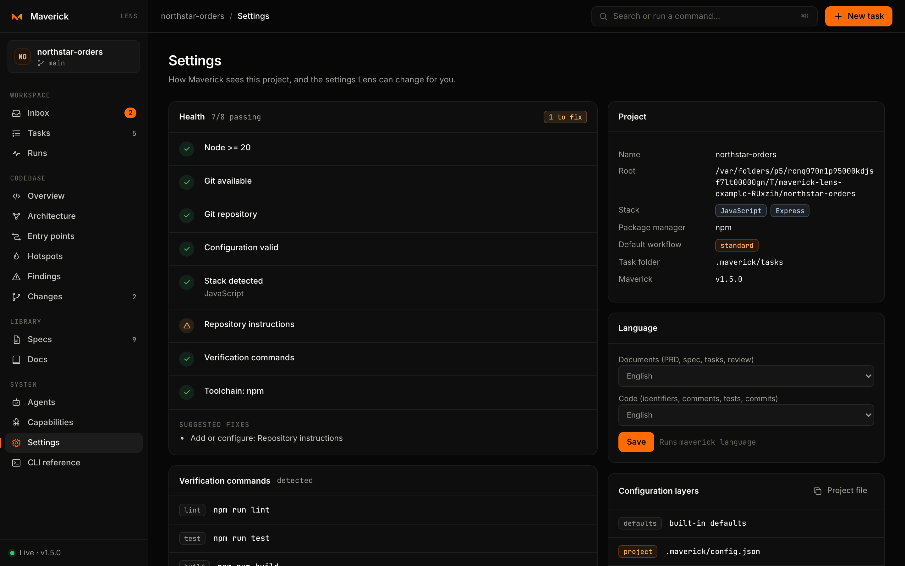 Settings: health, verification commands, project, language and configuration layers.