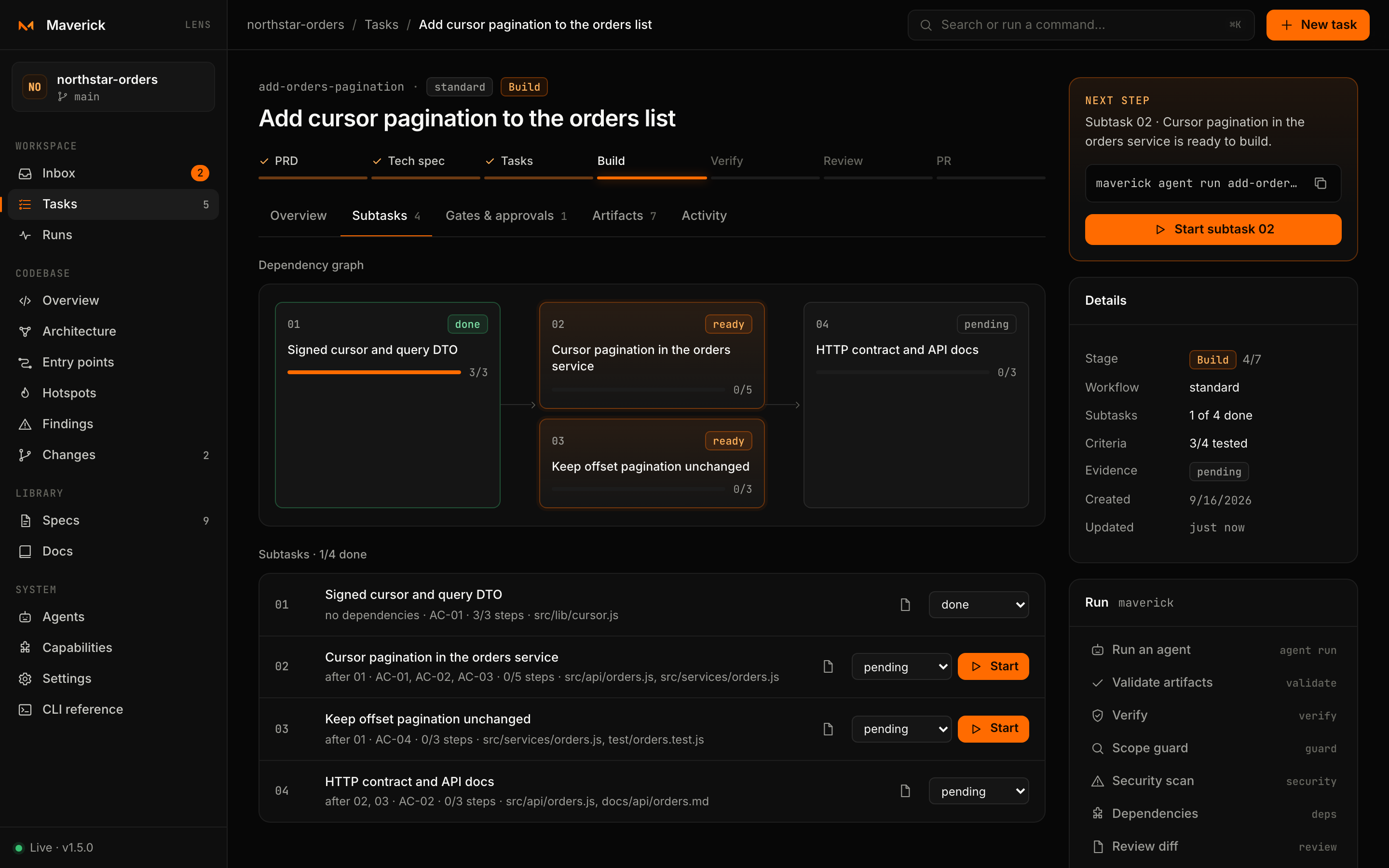 Task page with the stage stepper, subtask dependency graph and next step
