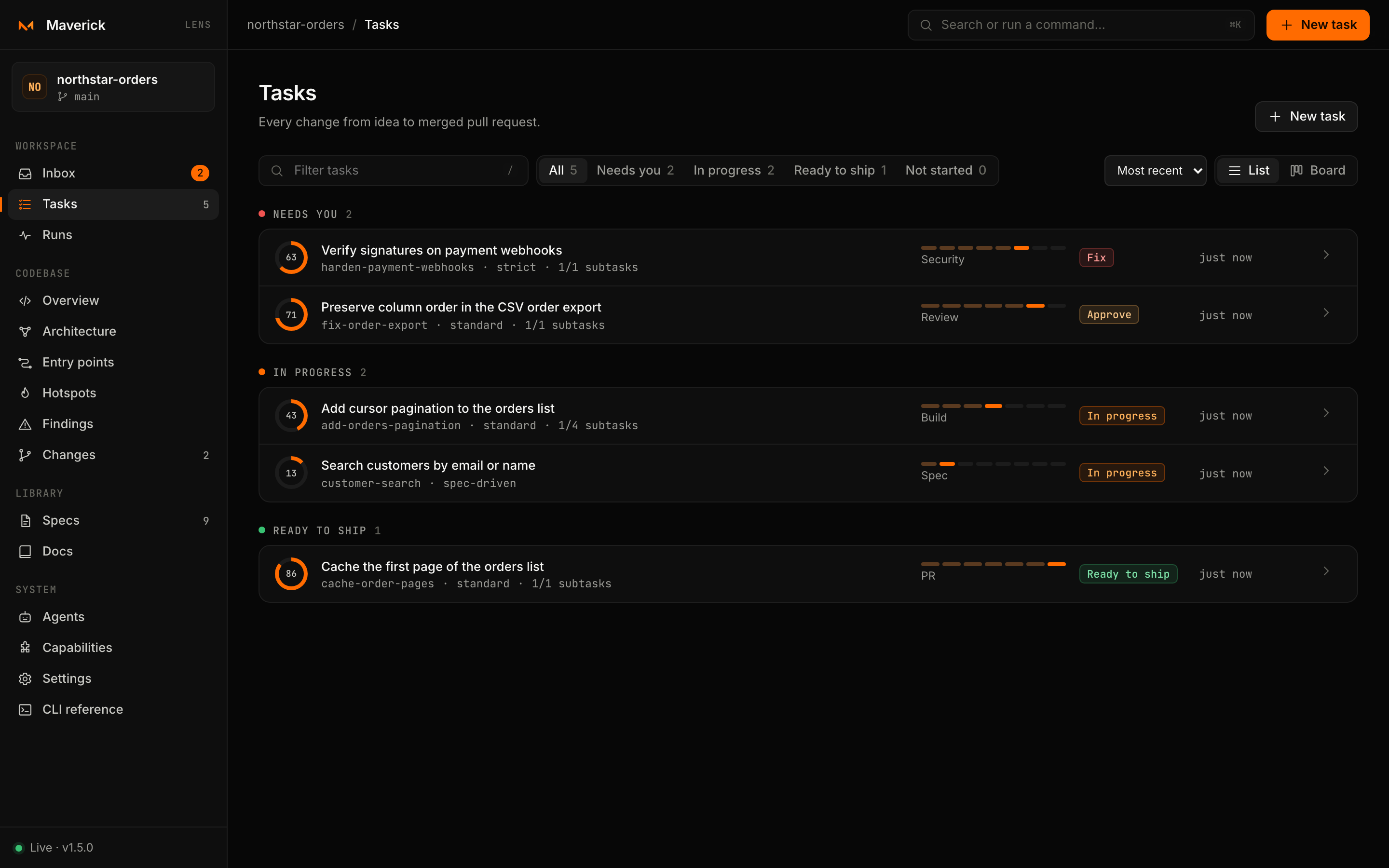Every task, grouped by what it needs: approvals and fixes first, then work in progress and what is ready to ship.
